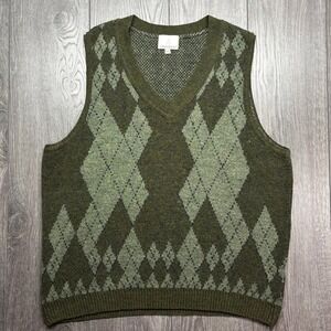 Vtg London Fog Mens XL Argyle Sweater Vest Olive Green V-Neck Knit Pullover